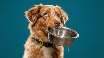 Red merle Australian Shepherd puppy with heterochromia holding bowl in mouth