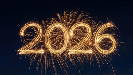 Fireworks Exploding Forming 2026 With Gold Sparks Night Sky