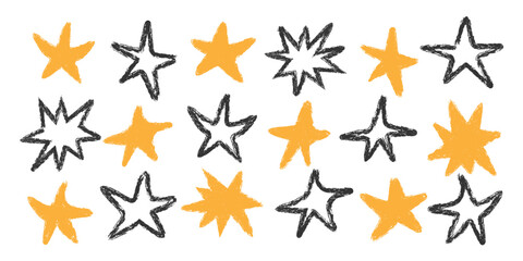 Outline pencil texture star icon set. Doodle sketch comic stars collection. Cildish Twinkle shape . Naive style shine elements. Crayon chalk drawings. Retro kids art sparkle symbol