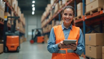 Woman manager uses tablet checking stock in warehouse. Forklifts move cargo behind her. Boxes stacked on tall shelves. Logistics center operations.