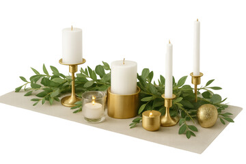 Holiday table setting with candles and greenery centerpiece