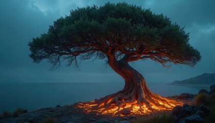 Ancient tree with glowing roots stands on cliff edge by calm blue ocean. Majestic roots emit warm light under dark cloudy sky. Dramatic natural scene, mystical landscape.