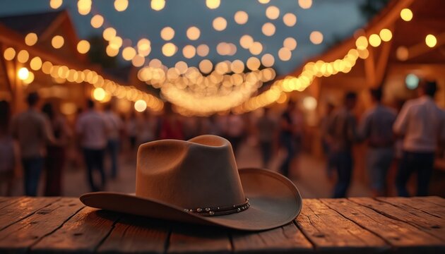 Illustration features a cowboy hat on a wooden surface against a blurred backdrop. People gather at the country music event. Warm lights create festive mood in the evening.