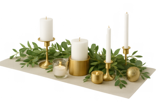 Holiday table setting with candles and greenery centerpiece