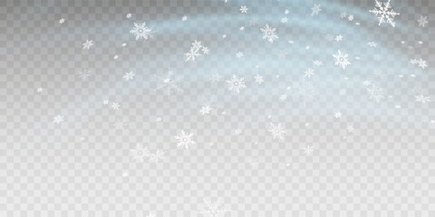 Tiny flying snow flakes illustration. Snowstorm dust freeze shapes. Snowfall sky white transparent wallpaper. Flat snowflakes january vector. Snow hurricane landscape.	