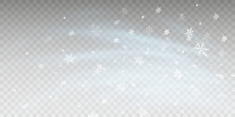 Tiny flying snow flakes illustration. Snowstorm dust freeze shapes. Snowfall sky white transparent wallpaper. Flat snowflakes january vector. Snow hurricane landscape.	