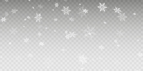 Tiny flying snow flakes illustration. Snowstorm dust freeze shapes. Snowfall sky white transparent wallpaper. Flat snowflakes january vector. Snow hurricane landscape.	