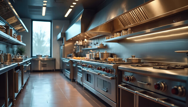 Pro kitchen interior with stainless steel equipment. Modern cooking appliances in restaurant. Shiny clean kitchen with stoves ovens shelves and accessories. Culinary industry design