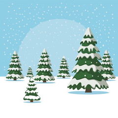 Obraz premium Enchanting winter wonderland illustration featuring snow-covered evergreen trees under a serene blue sky with glistening snowflakes, evoking a festive and magical seasonal atmosphere
