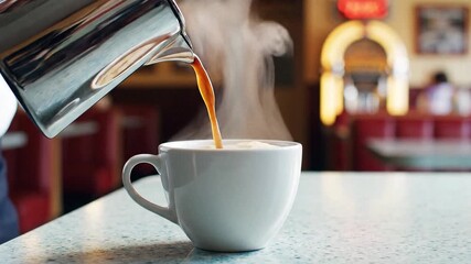 Close-up of a chrome coffee pot pouring hot coffee into a ceramic cup on a retro diner counter, with rising steam capturing the classic American roadside diner coffee break mood.