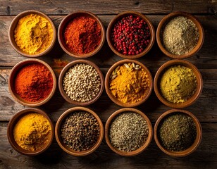 "Spice Harmony: A Grid of Global Flavors on Rustic Wood"