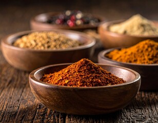 "Rustic Spice Symphony: Bowls of Flavor on Weathered Wood"