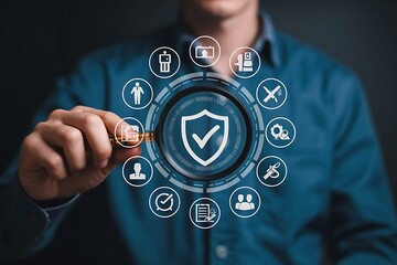 Man examines security shield with digital icons around it