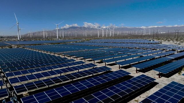 Solar Panels and Wind Farm Turbines at San Gorgonio Pass near Palm Springs, California - Drone Push Forward