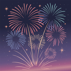 Naklejka premium A vibrant and festive illustration of colorful fireworks exploding in the night sky, featuring various pyrotechnic bursts and bright sparkles for celebration