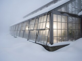 Snow covered greenhouse illuminated in winter during a blizzard with fog