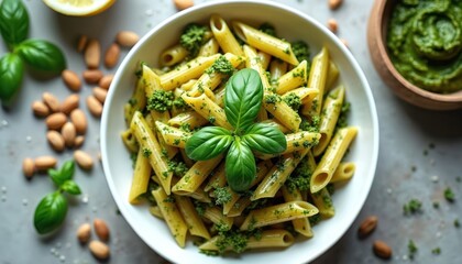 Cooked penne pasta with vibrant green basil pesto and pine nuts in white bowl. Fresh basil leaf garnish sits atop. Ingredients scattered around.