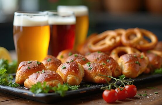Platter of baked pretzel bites and soft rolls with beer. Fresh cherry tomatoes and green parsley garnish. Appetizers perfect for game day viewing party.