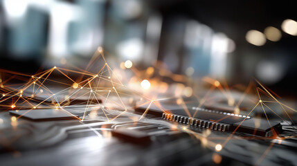 Abstract digital circuit board with network overlay defocused technological background suggesting connectivity innovation engineering advancement scene computational