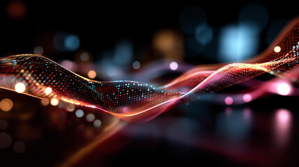 Abstract digital wave flowing through big data defocused technological background innovative visualization scene data stream representation computational display with copy