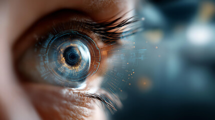Closeup of human eye with futuristic digital interface defocused technology background representing innovation digital world technological advancement scene visionary display