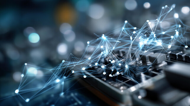 Abstract digital circuit board with network overlay defocused technological background suggesting connectivity innovation engineering advancement scene computational