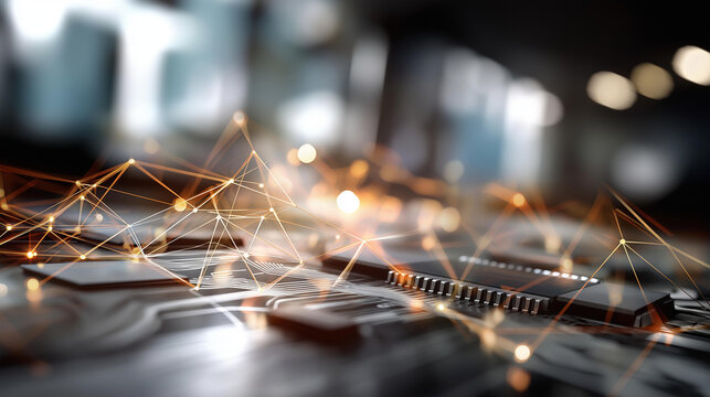 Abstract digital circuit board with network overlay defocused technological background suggesting connectivity innovation engineering advancement scene computational