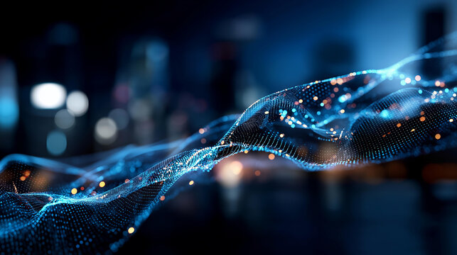 Abstract digital wave flowing through big data defocused technological background innovative visualization scene data stream representation computational display with copy