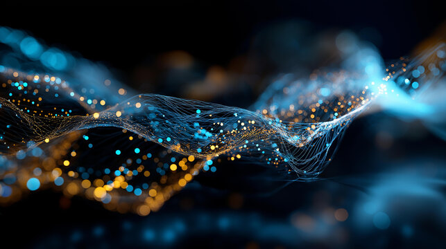 Abstract digital wave flowing through big data defocused technological background innovative visualization scene data stream representation computational display with copy