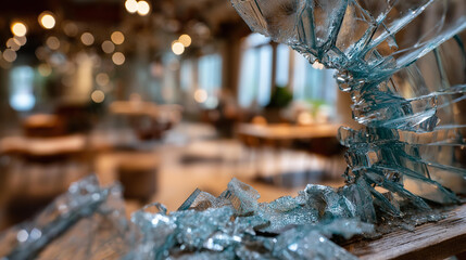 Detail of glass explosion moment defocused shattered background innovative breakthrough visualization dramatic transformation scene creative disruption display with copy space