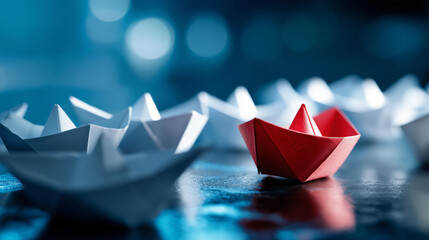 Business concept for innovation solution with collective of white paper vessels and red vessel pointing differently defocused blue background directional leadership