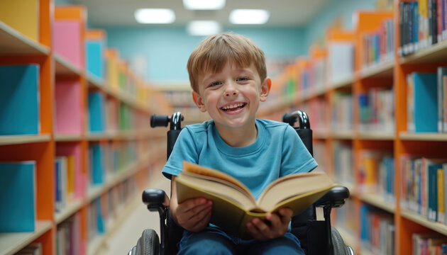 Young boy sits in wheelchair reading book. He smiles happily in a library among colorful book shelves. Child enjoys learning and adventures within literature.