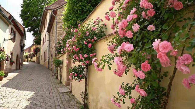 Charming sunlit narrow village street framed by blooming pink roses along walls