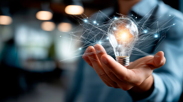 Hand holding illumination device and mechanism inside with innovation icons faceless person defocused brain background network connection innovative technology science