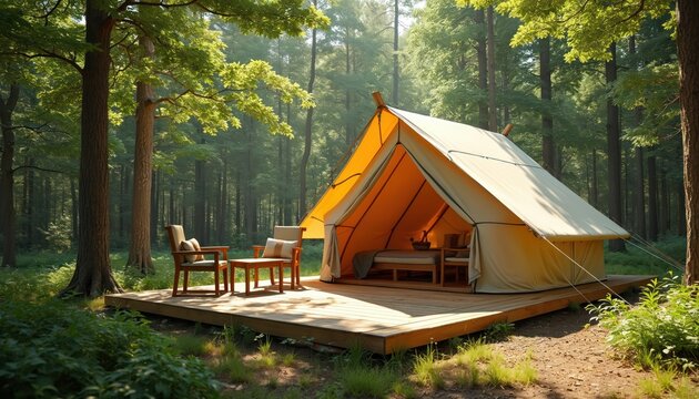 Glamping tent setup with wooden chairs and table on a platform. Forest background with tall trees. Vacation in nature with shelter for relaxation. Sunlight illuminates the cozy camp.