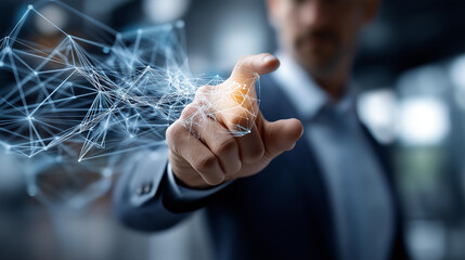 Professional touching flying network connection rendering faceless businessman defocused digital background innovative connectivity scene technological interaction moment