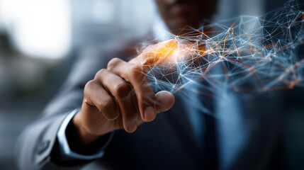 Professional touching flying network connection rendering faceless businessman defocused digital background innovative connectivity scene technological interaction moment