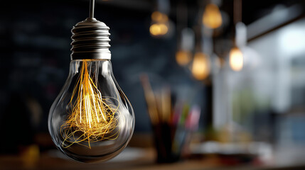 Illumination device using doodle art on chalkboard backdrop defocused educational background creative illustration scene innovation visualization display artistic concept