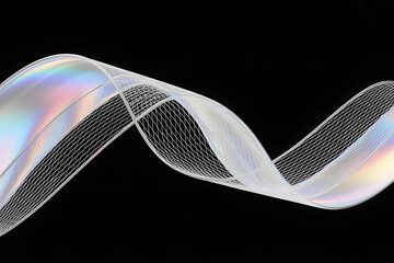 Iridescent holographic ribbon with black trim on black background