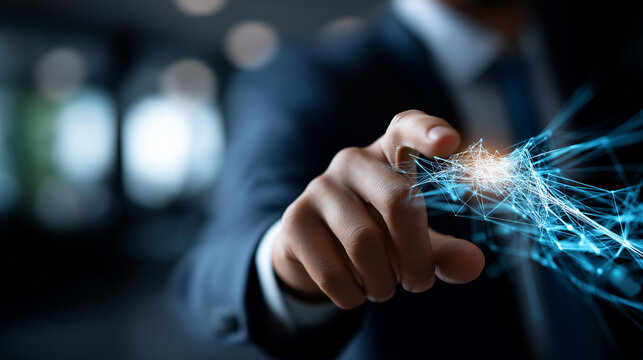 Professional touching flying network connection rendering faceless businessman defocused digital background innovative connectivity scene technological interaction moment