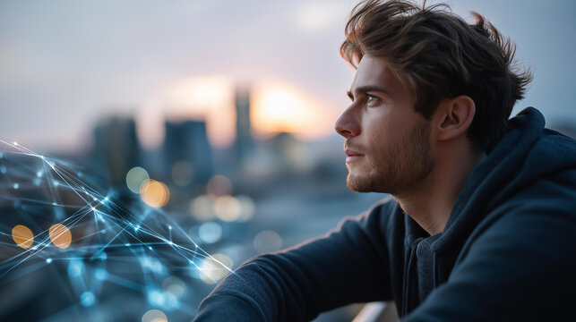 Thoughtful individual gazing into city skyline contemplating technology faceless man defocused urban dusk background innovation digital world scene futuristic contemplation