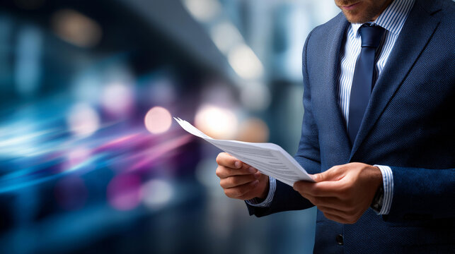 Professional holding manuscript project presentation faceless businessman defocused background innovative planning scene strategic development moment creative proposal - Powered by Adobe