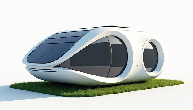 Futuristic pod house with curved solar panels sits on grass patch. Modern modular dwelling features rounded roof and large windows, aerodynamic design. Eco friendly prefab home on white. - Powered by Adobe
