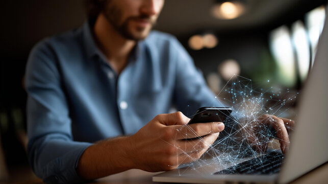 Digital technology internet network connection futuristic innovation faceless man using laptop mobile device defocused background technological advancement scene connectivity - Powered by Adobe