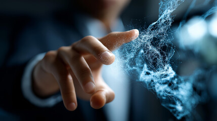 Metaverse universe concept with digital neural network faceless business man hand touching defocused cyberspace background artificial intelligence introduction future science