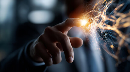 Metaverse universe concept with digital neural network faceless business man hand touching defocused cyberspace background artificial intelligence introduction future science