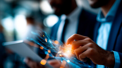 Innovative startup team planning with digital cognitive maps faceless professionals defocused technology background advancement at forefront entrepreneurial collaboration