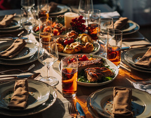 Festive holiday dinner table in warm sunset light