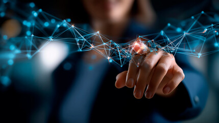 Hand holding global network connection internet communication faceless woman defocused wireless technology background futuristic polygonal shapes innovation visualization with