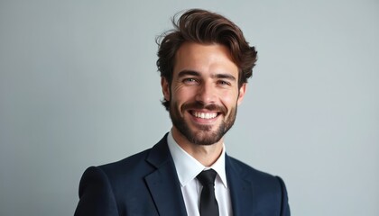 Young smiling brunette businessman in dark blue suit and tie poses for portrait. Male executive with beard looks confident, ready for pro photo session. He represents success and modern leadership.